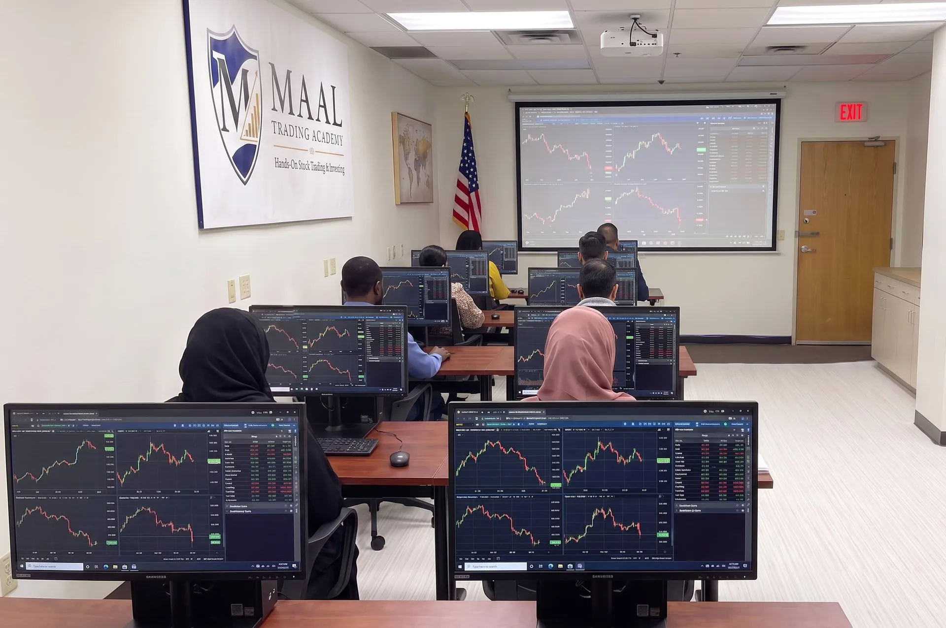 An advanced class trading the live session in simulation at MAAL TRADING ACADEMY.