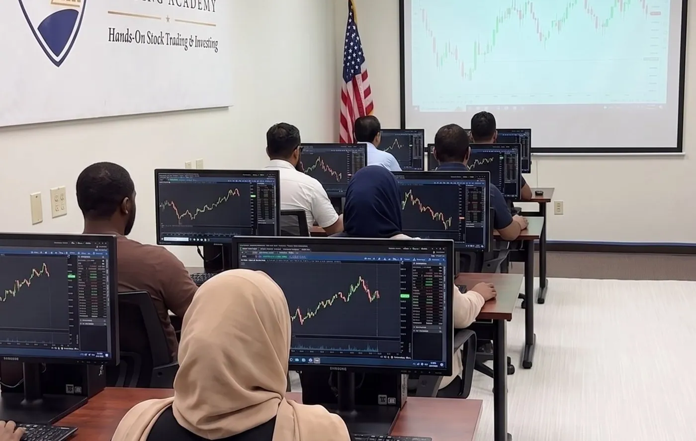 Students at their stations at MAAL TRADING ACADEMY in Minneapolis, each screen on a live chart.